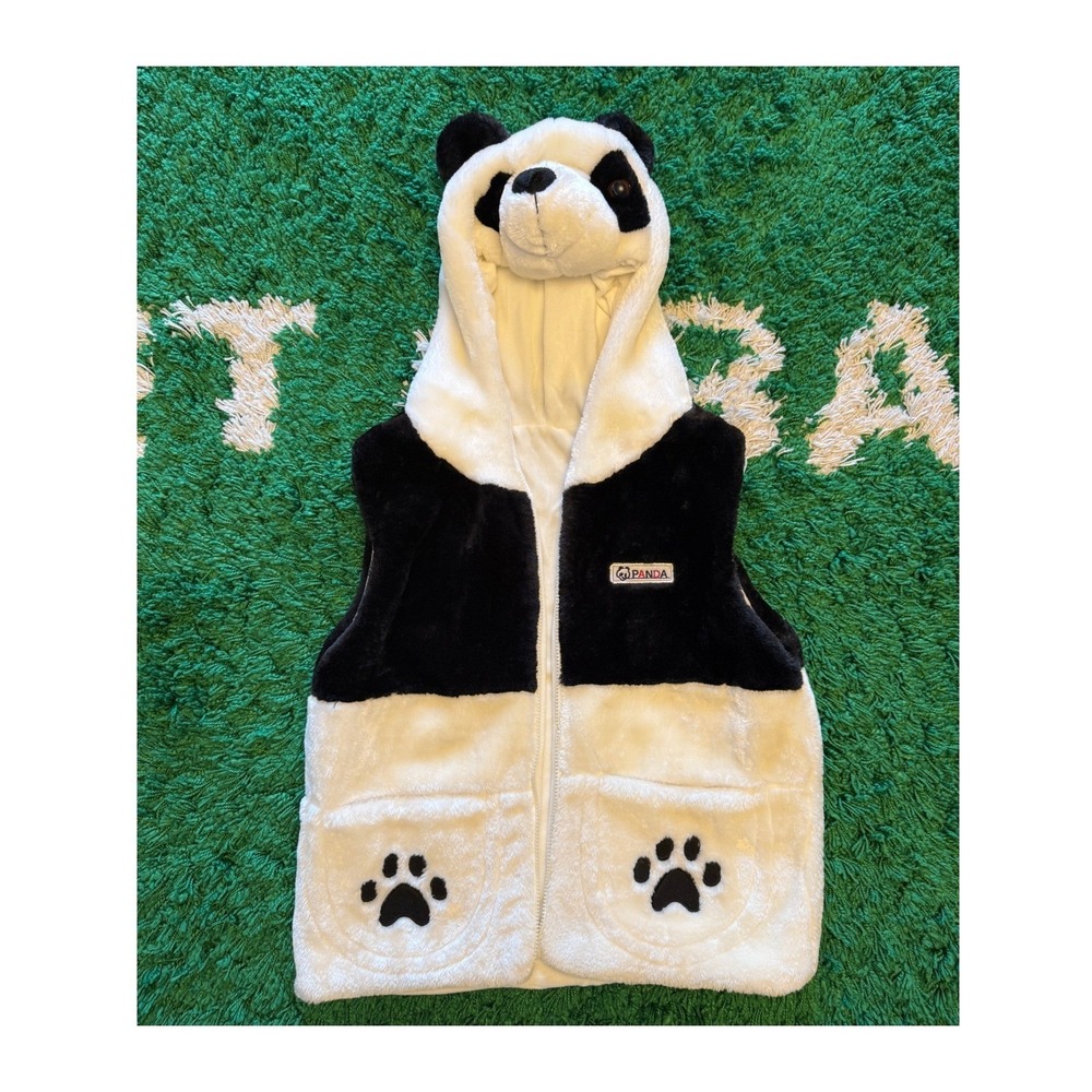 Panda Faux‎ Fur Vest Unisex Medium Black White Good Plush Hooded Paw Print
